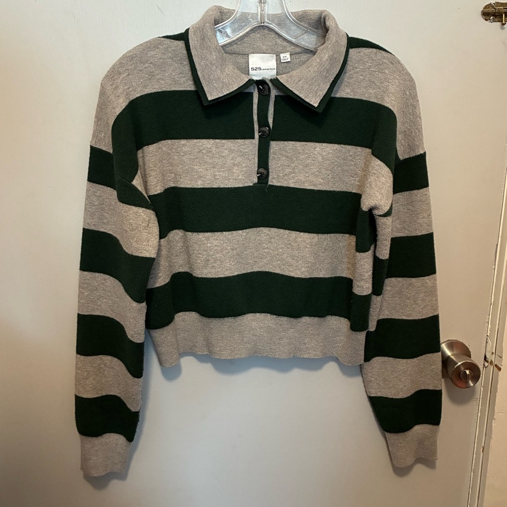 525 AMERICA Green & Grey Rugby Striped Double Collar Polo Top | size XS - Picture 2 of 11